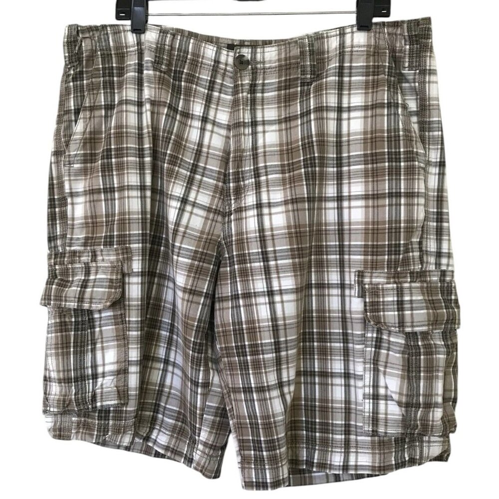 Eddie Bauer Shorts Mens Size 38 Cargo Plaid Madras Brown Cotton